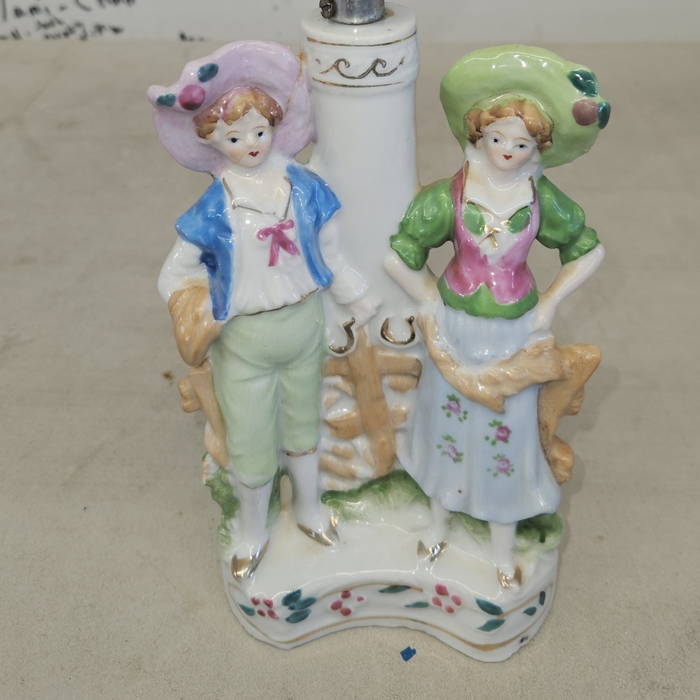 Vtg Victorian Young Man & Women Porcelain Figurine Accent—lamp